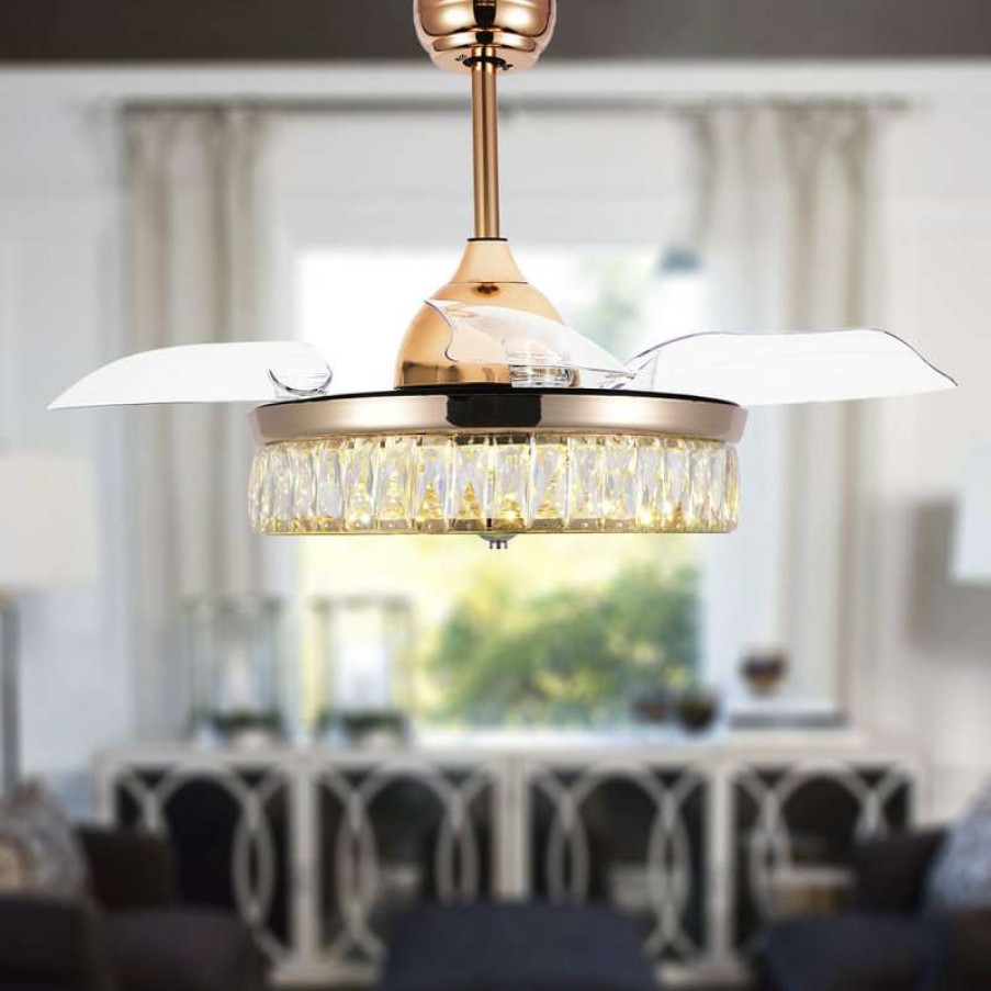 Ceiling Lighting * | New Bella Depot Decorative Gold Drum Ceiling Fan With Light And Remote, Foldable Blade, French G