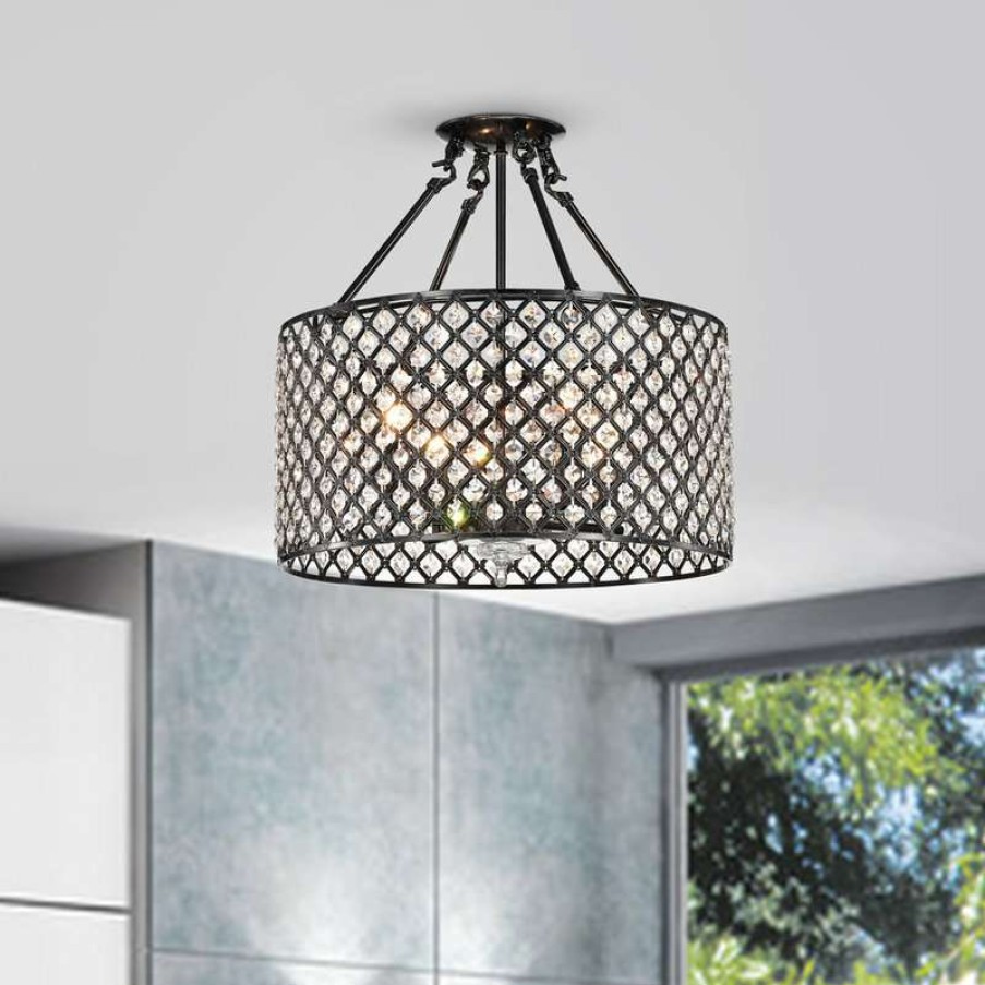 Ceiling Lighting * | Cheap Edvivi Lighting Marya 4-Light Antique Black Beaded Drum Semi Flush Mount Crystal Chandelier