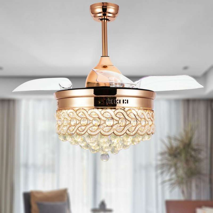 Ceiling Lighting * | Promo Bella Depot 42 Modern Crystal Ceiling Fan With Lights, Retractable Chandelier Fan, French Gold, Neutral White (4000K)