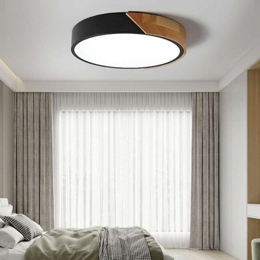 Ceiling Lighting * | Outlet Homary Modern Minimalist Led Wood & Metal & Acrylic Flush Mount Ceiling Light, Black, M