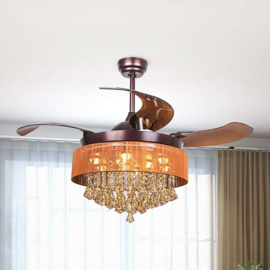 Ceiling Lighting * | Wholesale Parrotuncle Crystal Led Ceiling Fan With Foldable Blades, Coffee Brown