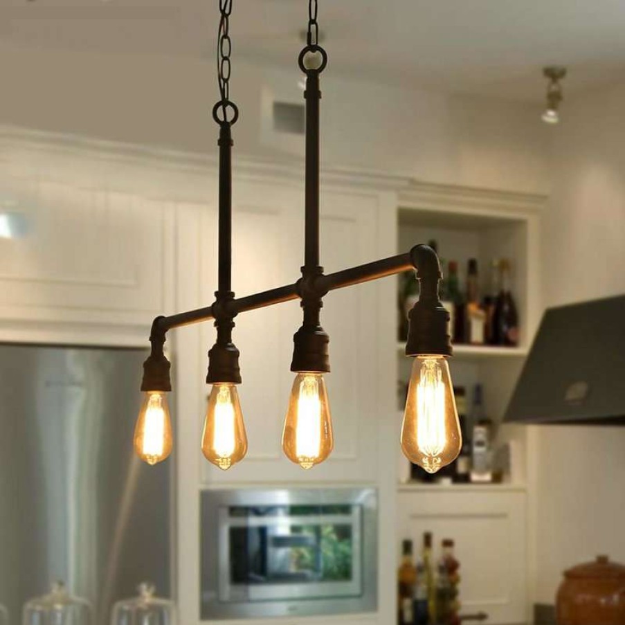 Kitchen & Cabinet Lighting * | Cheap Laluz 4-Light Iron Pipe Black Metal Chandelier