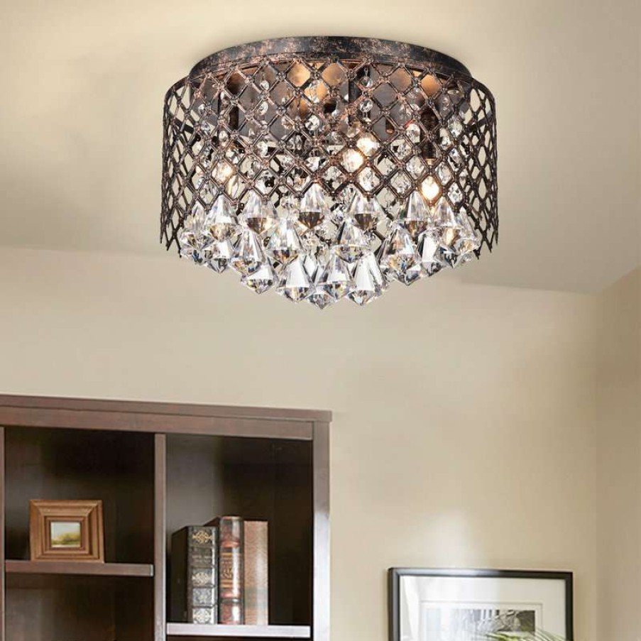 Ceiling Lighting * | Top 10 Edvivi Lighting 4-Light Antique Copper Lattice Crystal Flush Mount Chandelier Glam