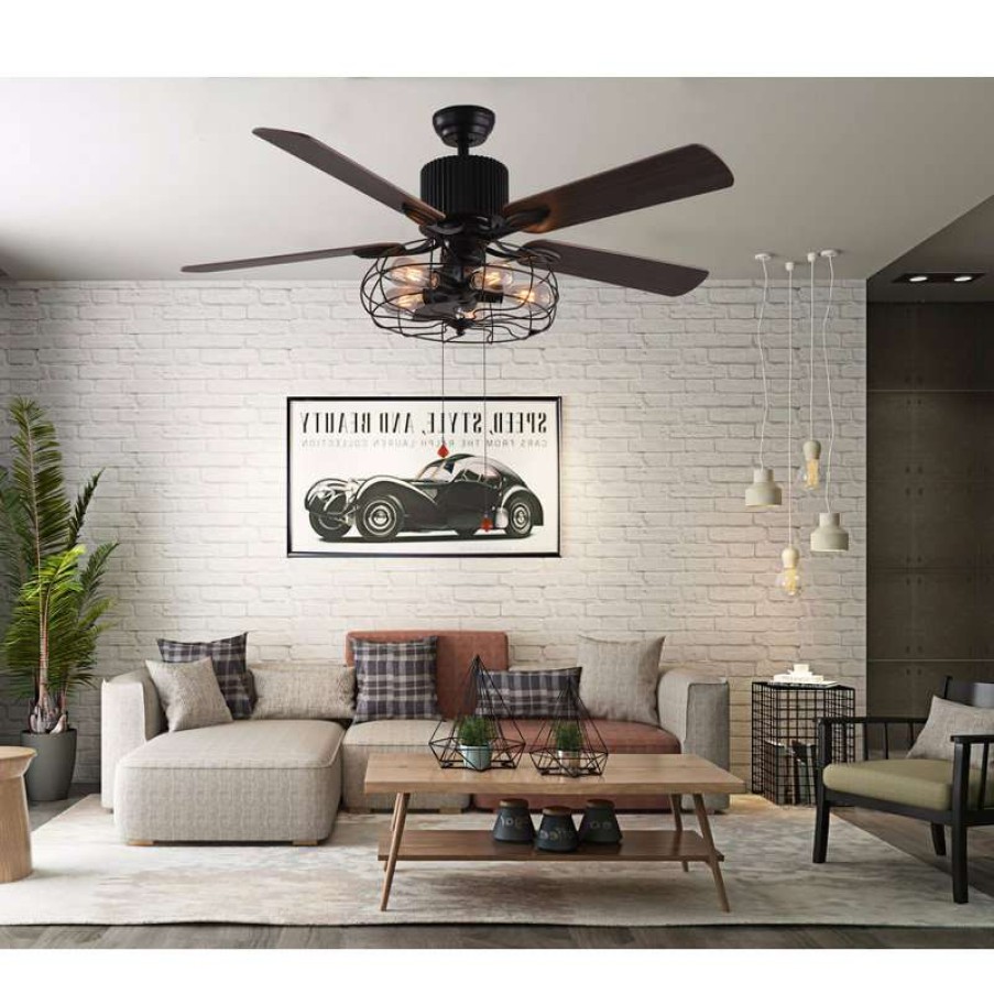 Ceiling Lighting * | Outlet Bella Depot 5 Light Black Vintage Industrial Ceiling Fan With Remote, Reversible Blades, 52