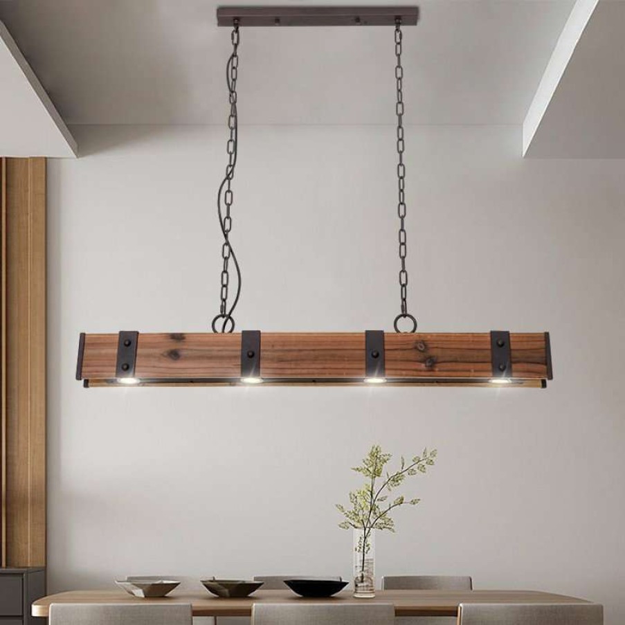 Kitchen & Cabinet Lighting * | Deals Homary Loft Style 4-Light Led Linear Rust Wood, Metal Island Pendant Light