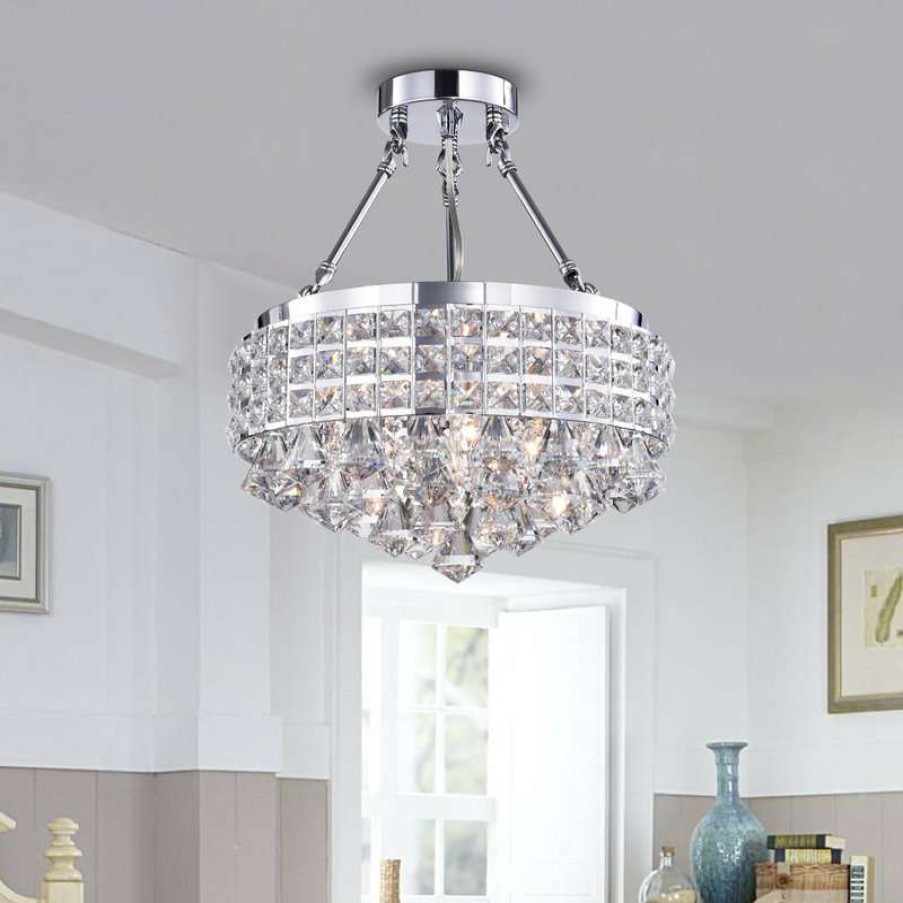 Ceiling Lighting * | Top 10 Edvivi Lighting 4-Light Chrome Semi Flush Mount Beaded Drum Crystal Chandelier Glam