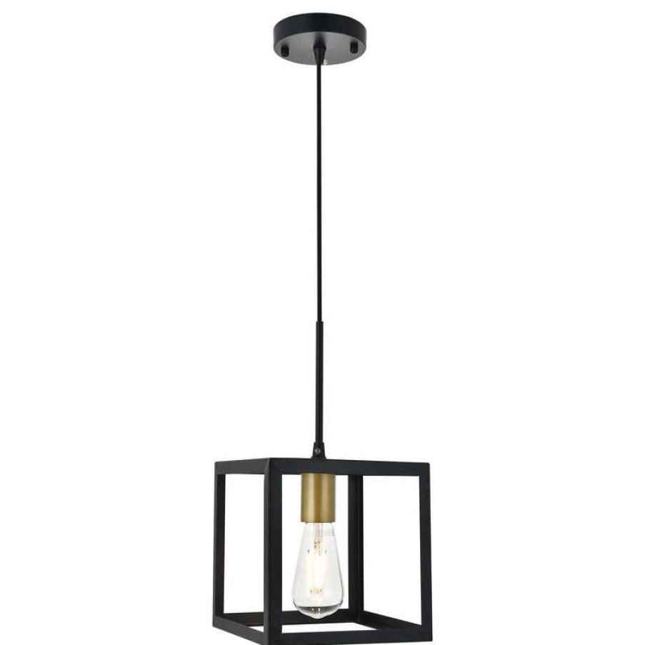 Kitchen & Cabinet Lighting * | Best Deal Elegant Furniture & Lighting Black Finish 1-Light Pendant, Brass And Black, 7.9 X7.9 X8.7