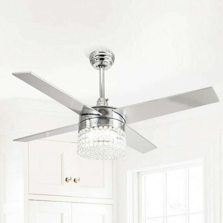 Ceiling Lighting * | Top 10 Whoselamp 48 Modern Crystal Ceiling Fan With Dimmable Led Light, 4-Blades, Remote Control