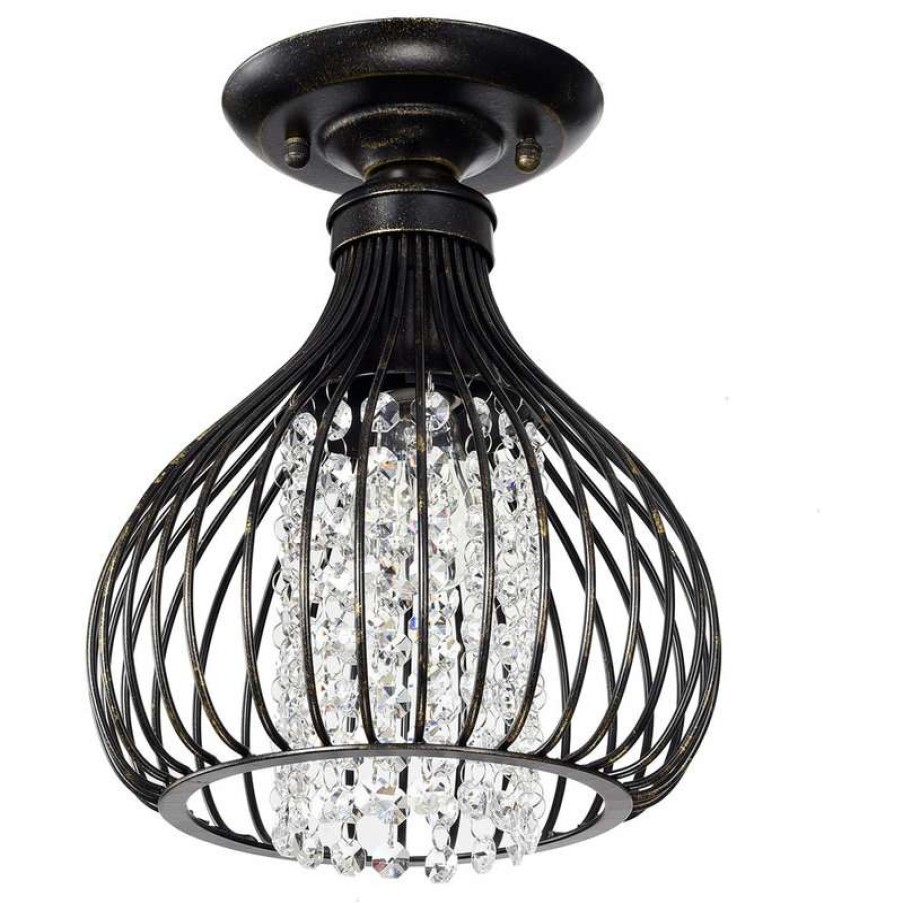 Ceiling Lighting * | Cheap Edvivi Lighting 1-Light Antique Bronze And Crystal Bead Bell Shade Semi Flush Mount Glam