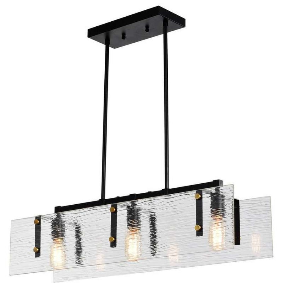 Kitchen & Cabinet Lighting * | Best Deal Edvivi Lighting 3-Light Black And Antique Gold Pendant Light With Verre Strie Glass