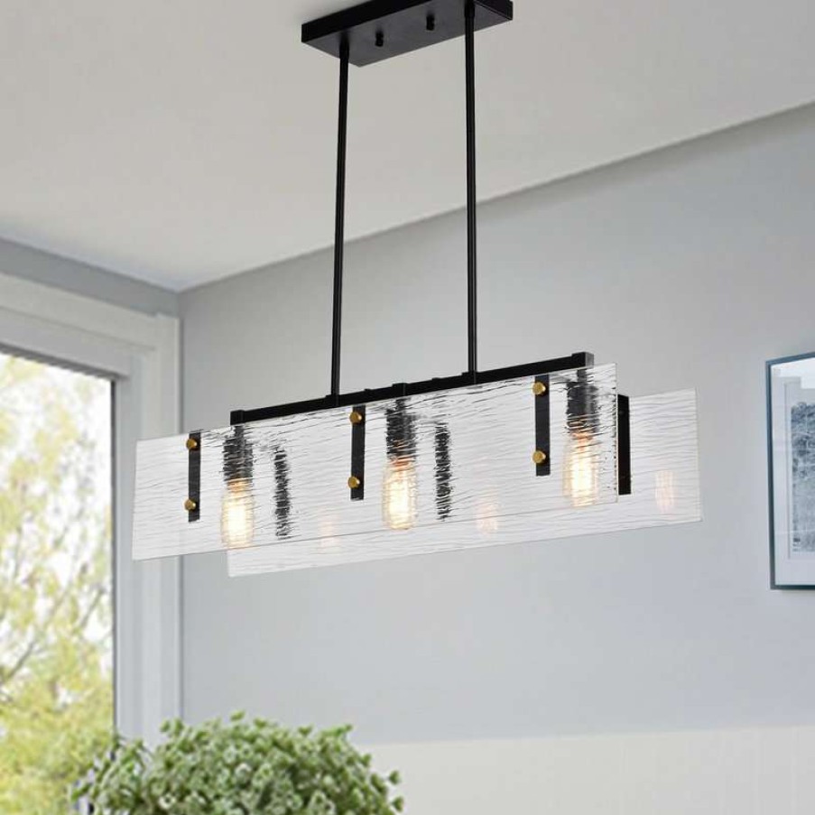 Kitchen & Cabinet Lighting * | Best Deal Edvivi Lighting 3-Light Black And Antique Gold Pendant Light With Verre Strie Glass