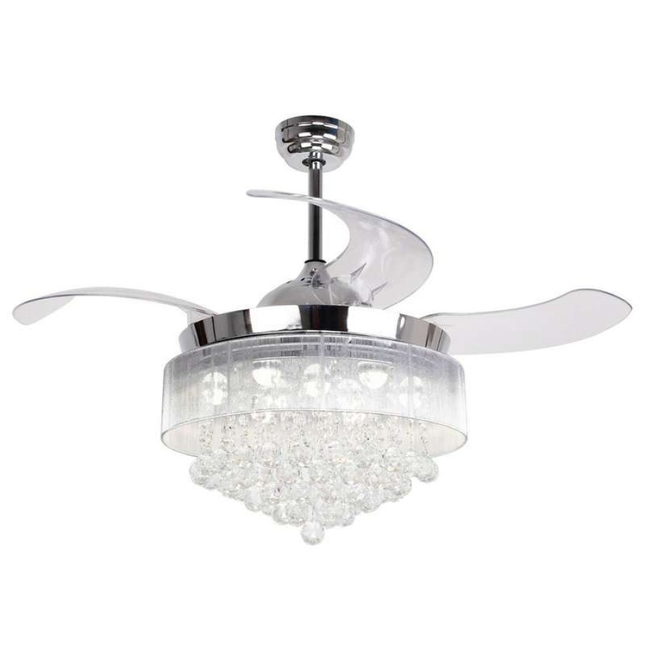 Ceiling Lighting * | Cheap Parrotuncle Crystal Folding Blades Ceiling Fan With Remote, 46, White Light, Chrome