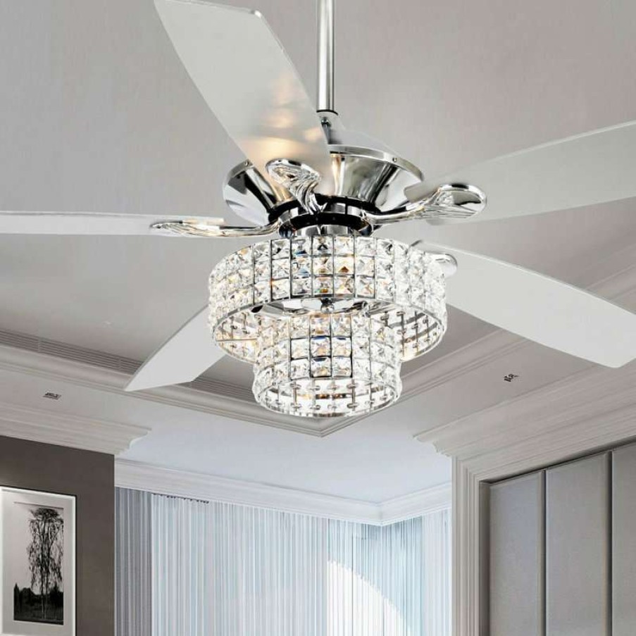 Ceiling Lighting * | Best Reviews Of Whoselamp 52 Modern Crystal Ceiling Fan With 4-Lights/5 Blades, Remote Control, Chrome