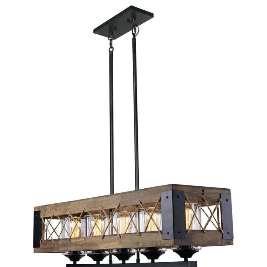 Kitchen & Cabinet Lighting * | Outlet Lnc Lighting Lnc 32 5-Light Farmhouse Matte Black And Brown Wood Linear Chandelier