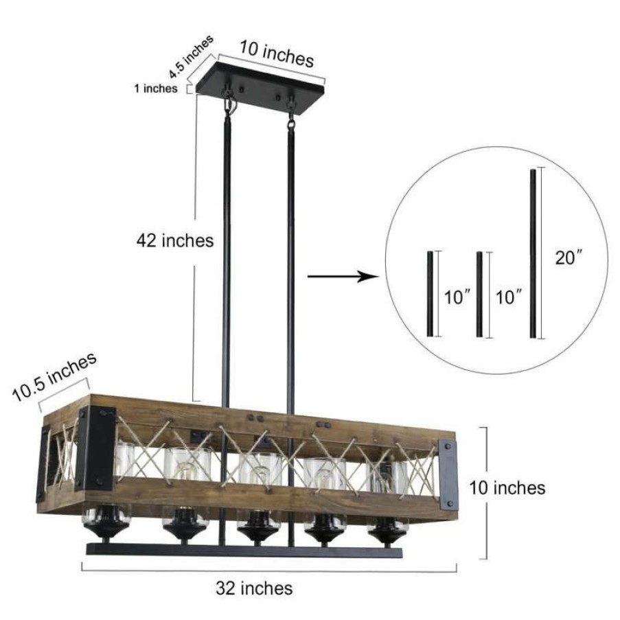 Kitchen & Cabinet Lighting * | Outlet Lnc Lighting Lnc 32 5-Light Farmhouse Matte Black And Brown Wood Linear Chandelier