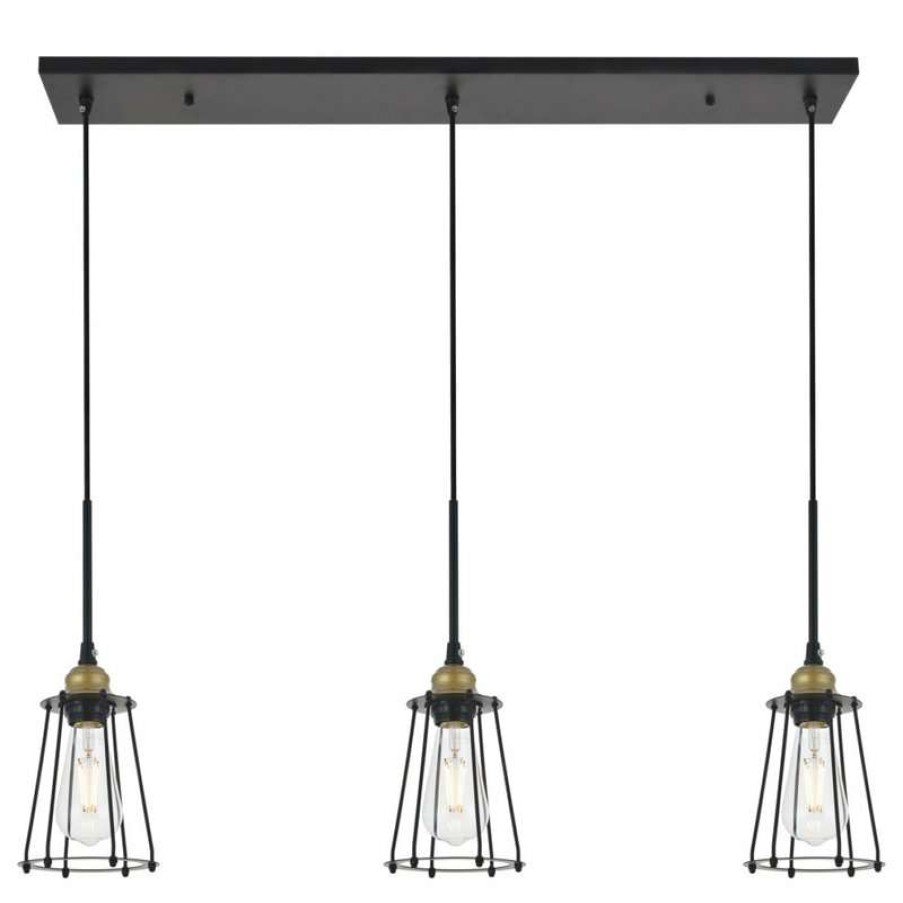 Kitchen & Cabinet Lighting * | New Elegant Furniture & Lighting Auspice 3 Light Brass And Black Pendant