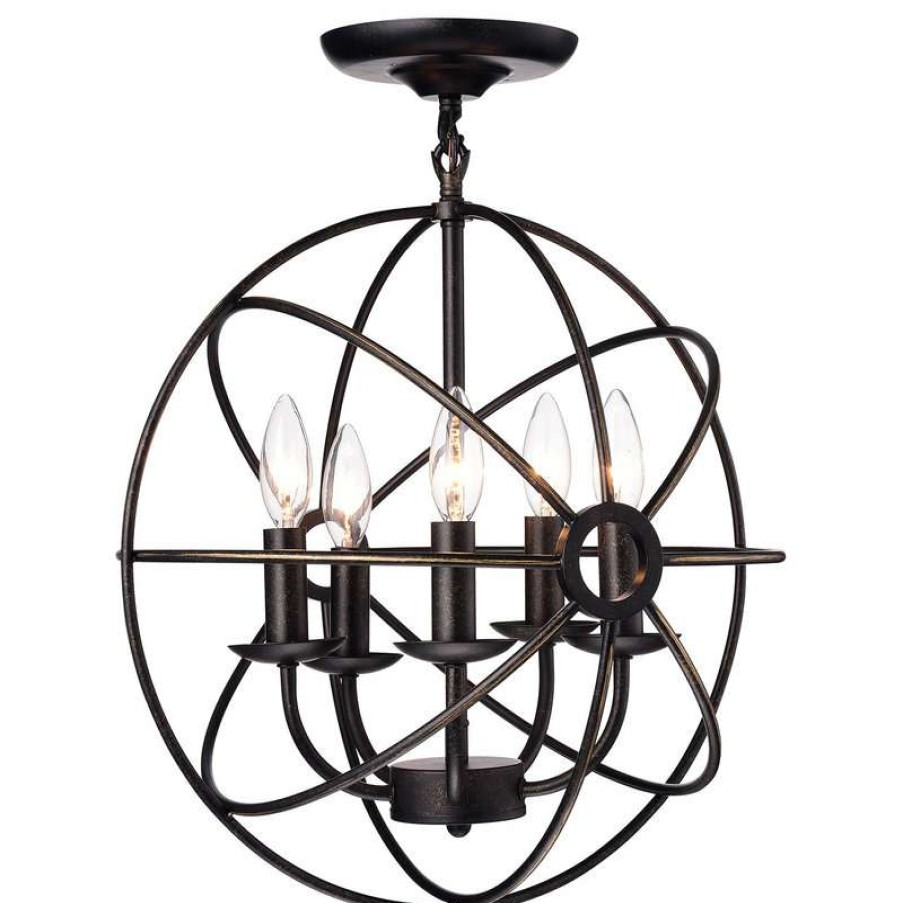 Ceiling Lighting * | Promo Edvivi Lighting Dover 5-Light Antique Bronze Sphere Cage Globe Semi Flush Mount Chandelier