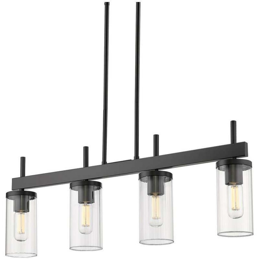 Kitchen & Cabinet Lighting * | Best Sale Golden Lighting Winslett Linear Pendant, Matte Black With Ribbed Clear Glass