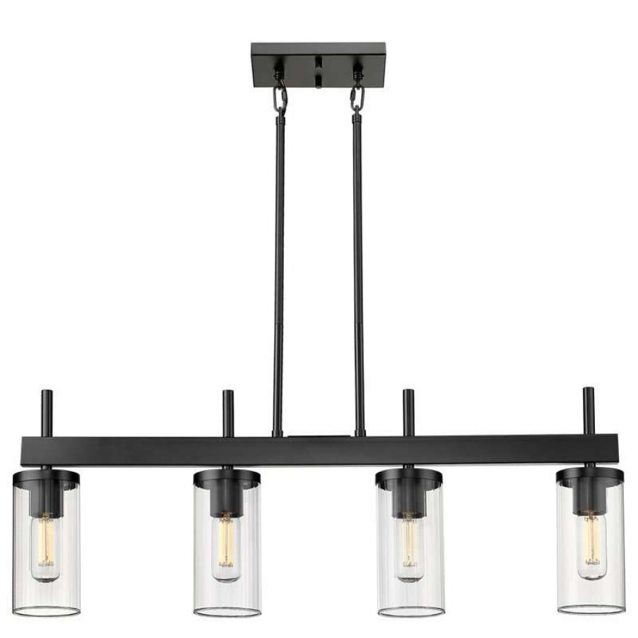 Kitchen & Cabinet Lighting * | Best Sale Golden Lighting Winslett Linear Pendant, Matte Black With Ribbed Clear Glass