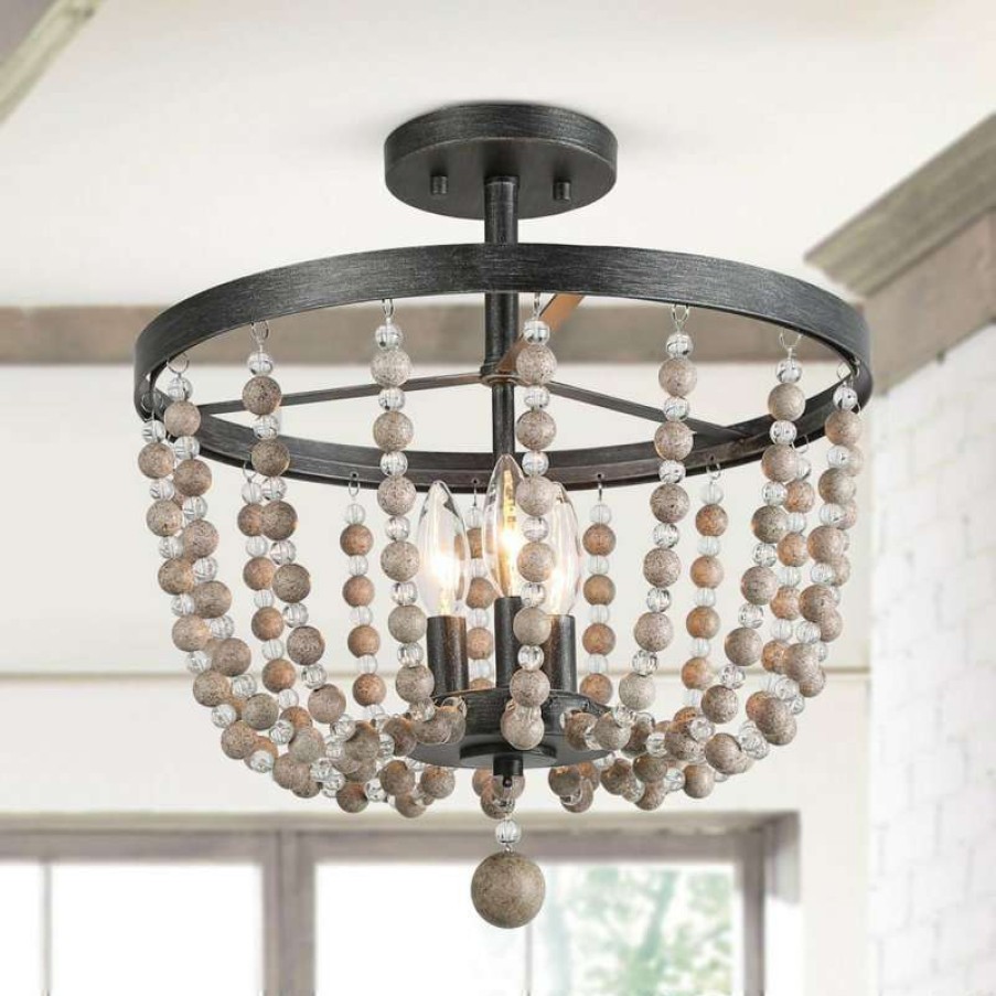 Ceiling Lighting * | Cheap Lnc Lighting Lnc 3-Light Flush Mounts Ceiling Lights Distressed Wood Beads Black Finish Retro