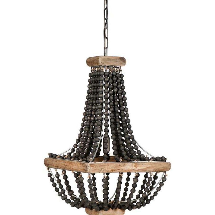 Ceiling Lighting * | Buy Creative Co-Op Metal Framed Chandelier With Wood Bead Draping, Black