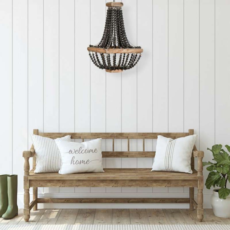 Ceiling Lighting * | Buy Creative Co-Op Metal Framed Chandelier With Wood Bead Draping, Black