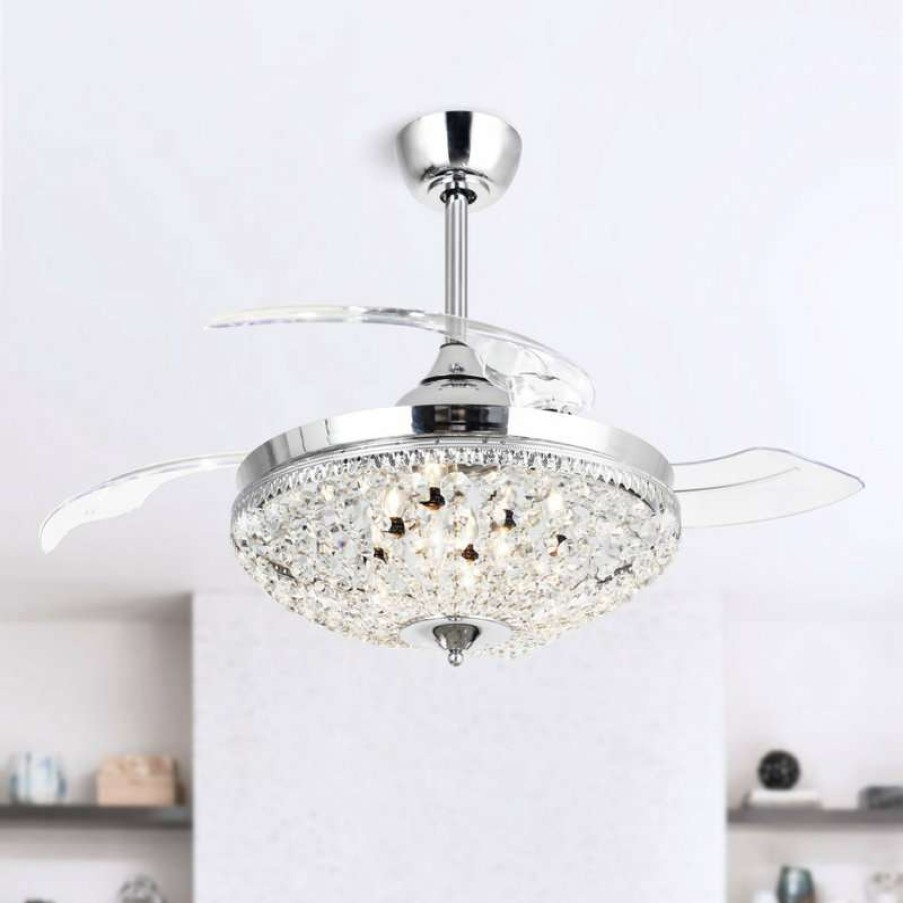 Ceiling Lighting * | Coupon Whoselamp 42 Crystal Folding Blades Ceiling Fan Remote Control, 3-Blade