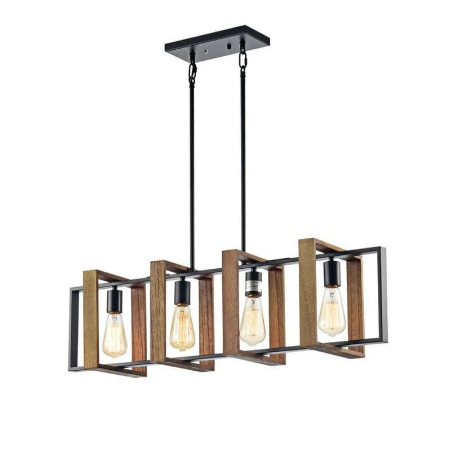 Kitchen & Cabinet Lighting * | Buy Edvivi Lighting 4-Light Matte Black And Wood Farmhouse Linear Chandelier With Exposed Bulbs