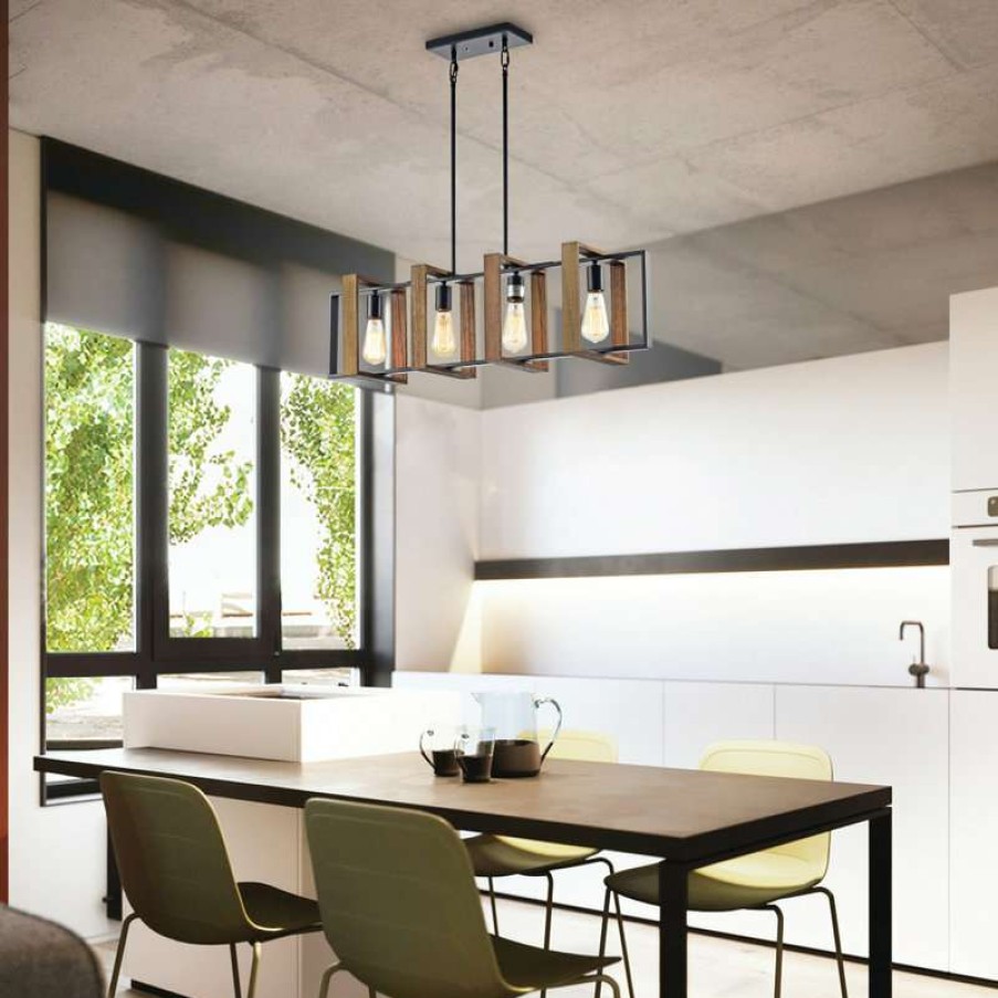 Kitchen & Cabinet Lighting * | Buy Edvivi Lighting 4-Light Matte Black And Wood Farmhouse Linear Chandelier With Exposed Bulbs