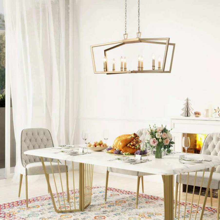 Kitchen & Cabinet Lighting * | Brand New Newworlddecor 8-Light Lantern Boxy Linear Chandelier, Gold