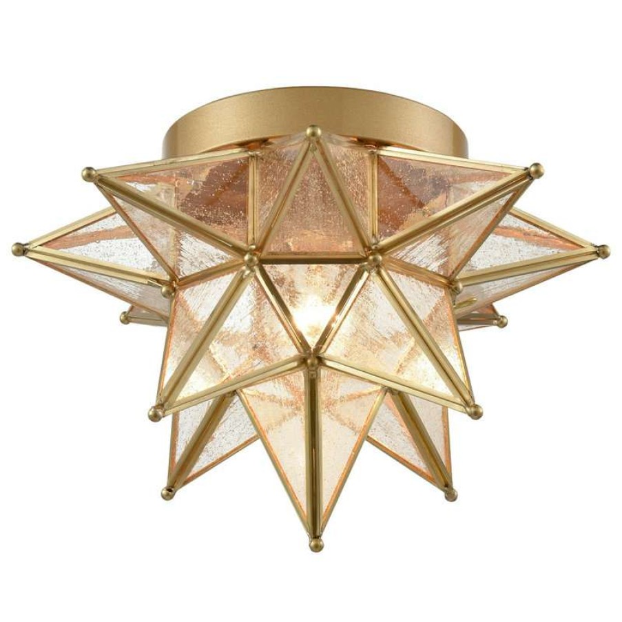 Ceiling Lighting * | New Ecopower Light Llc Brass Glass Moravian Star Flush Mount Ceiling Light