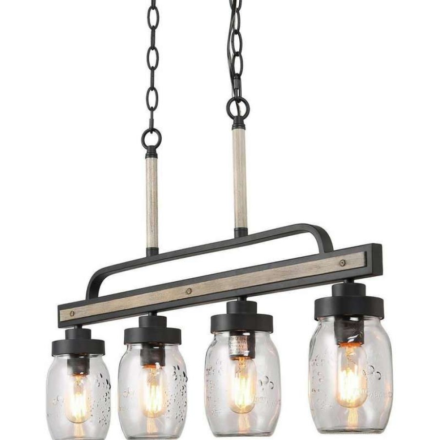 Kitchen & Cabinet Lighting * | Brand New Lnc Lighting Lnc 4-Light Farmhouse Matte Black Linear Mason Jar Metal Chandelier