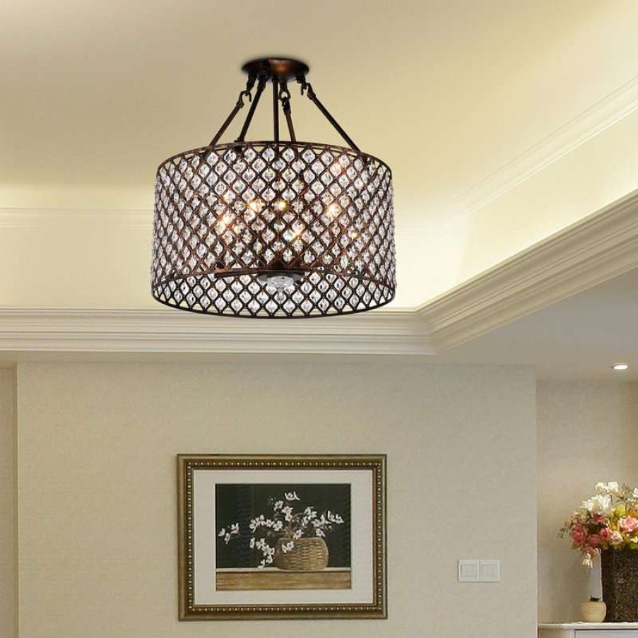 Ceiling Lighting * | New Edvivi Lighting Marya 4-Light Antique Copper Beaded Drum Semi Flush Mount Crystal Chandelier Gla