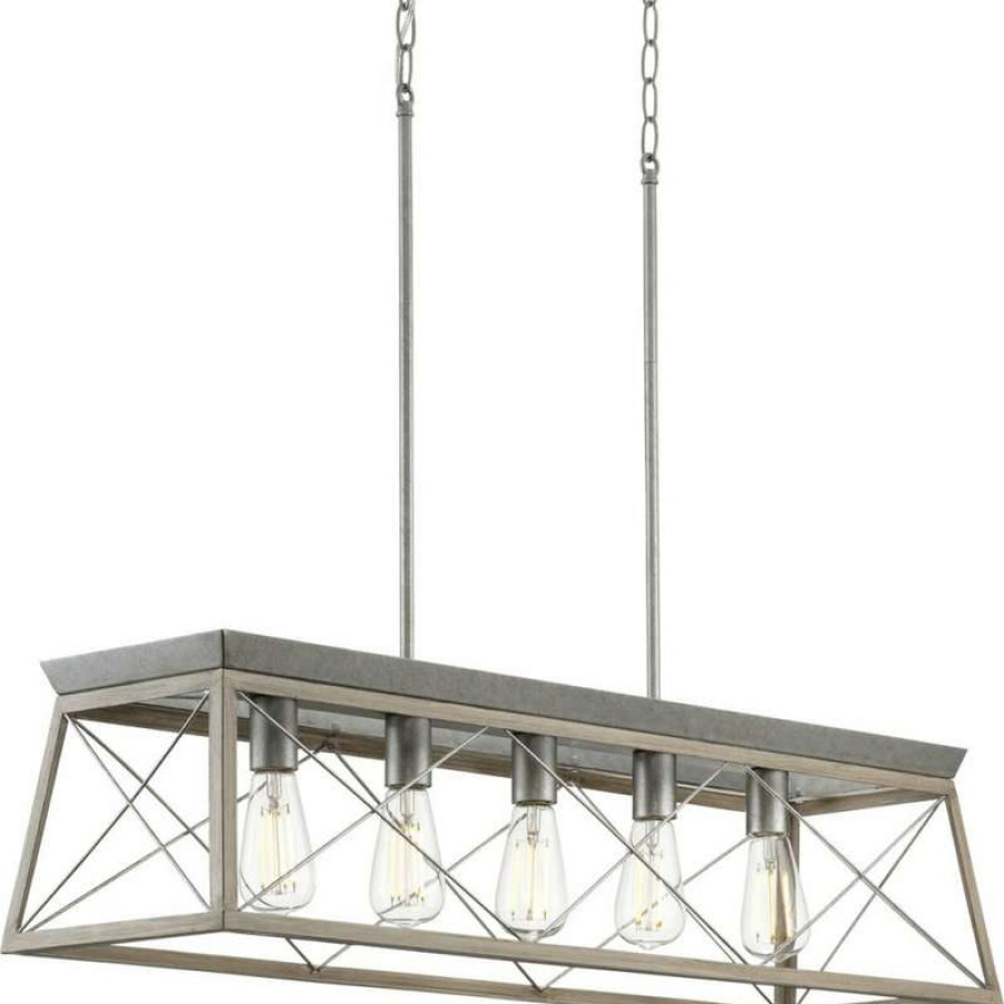 Kitchen & Cabinet Lighting * | Discount Progress Lighting Briarwood 5-Light Bleached Oak Farmhouse Linear Island Chandelier Light