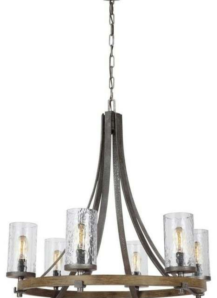 Ceiling Lighting * | Deals Feiss Angelo 6 Light Chandelier, Distressed Weathered Oak And Slated Gray Metal