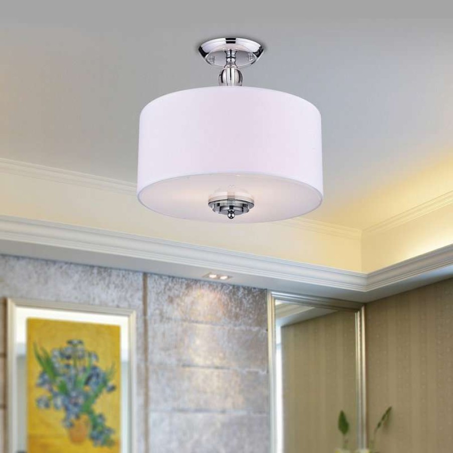 Ceiling Lighting * | Best Pirce Edvivi Lighting 3-Light Decorated White Drum Semi Flush Mount Chrome Fixture Coastal Lighting