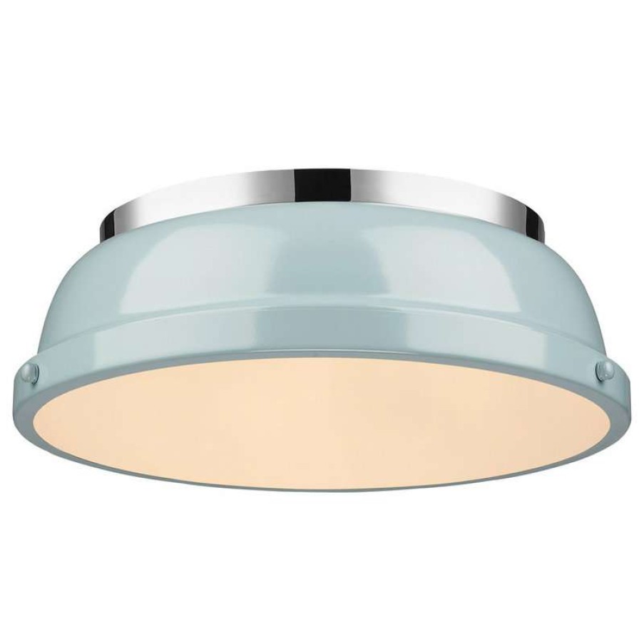 Ceiling Lighting * | Best Sale Golden Lighting Duncan 14 Flush Mount, Chrome With Seafoam Shade