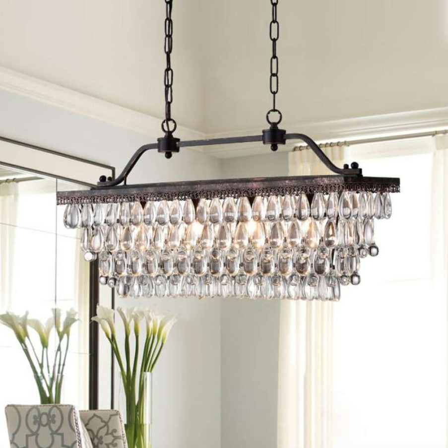 Kitchen & Cabinet Lighting * | Brand New Edvivi Lighting 4-Light Antique Bronze Rectangular Crystal Chandelier Dining Room Fixture Glam