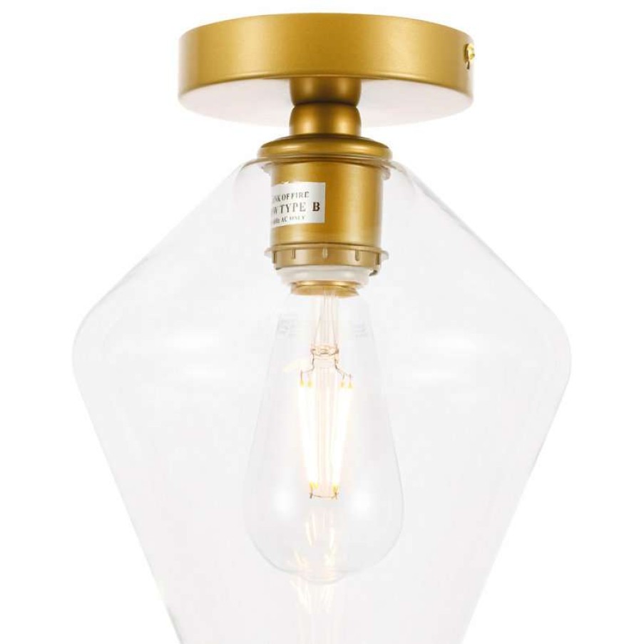 Ceiling Lighting * | Cheap Elegant Furniture & Lighting Brass Finish And Clear Glass 1-Light Flush Mount, Brass, Clear