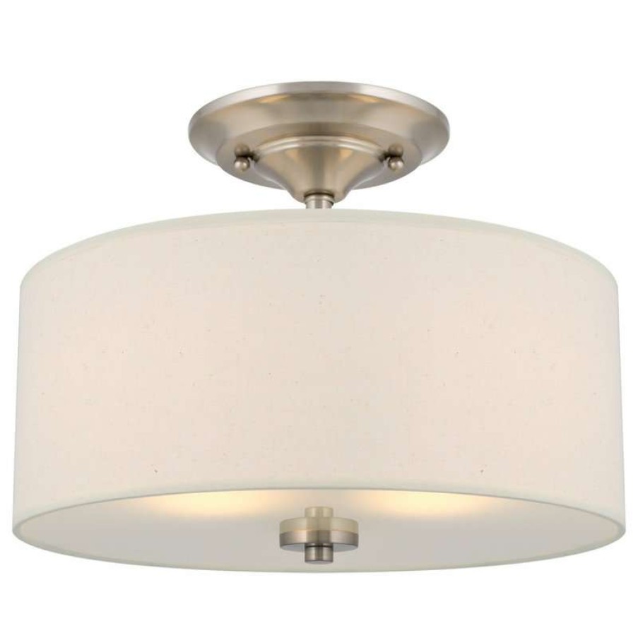 Ceiling Lighting * | Deals Kira Home Addison 13 Ceiling Light, Off-White Fabric Drum Shade, Brushed Nickel