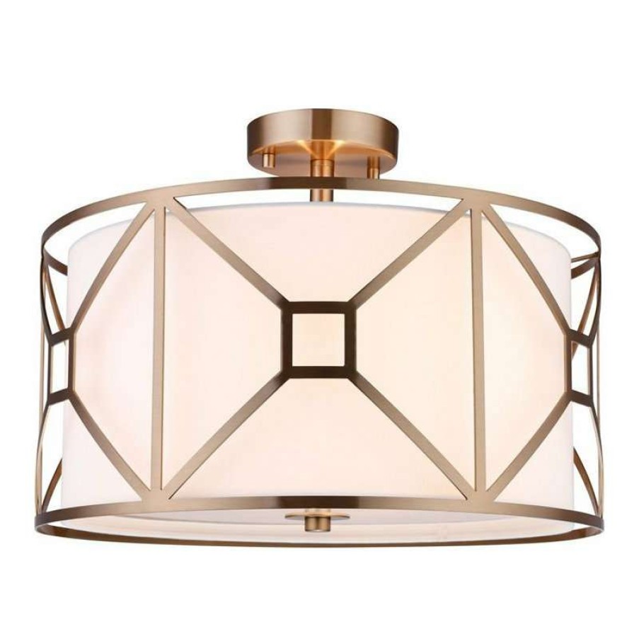 Ceiling Lighting * | New Woodbridge Lighting Inc. Woodbridge Lighting Regan 17 3-Light Steel & Fabric Semi-Flush In Vintage Brass