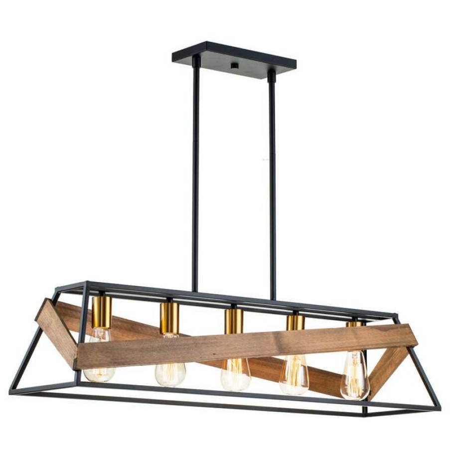 Kitchen & Cabinet Lighting * | Top 10 Edvivi Lighting 5-Light Black And Vintage Wood Kitchen Island Chandelier