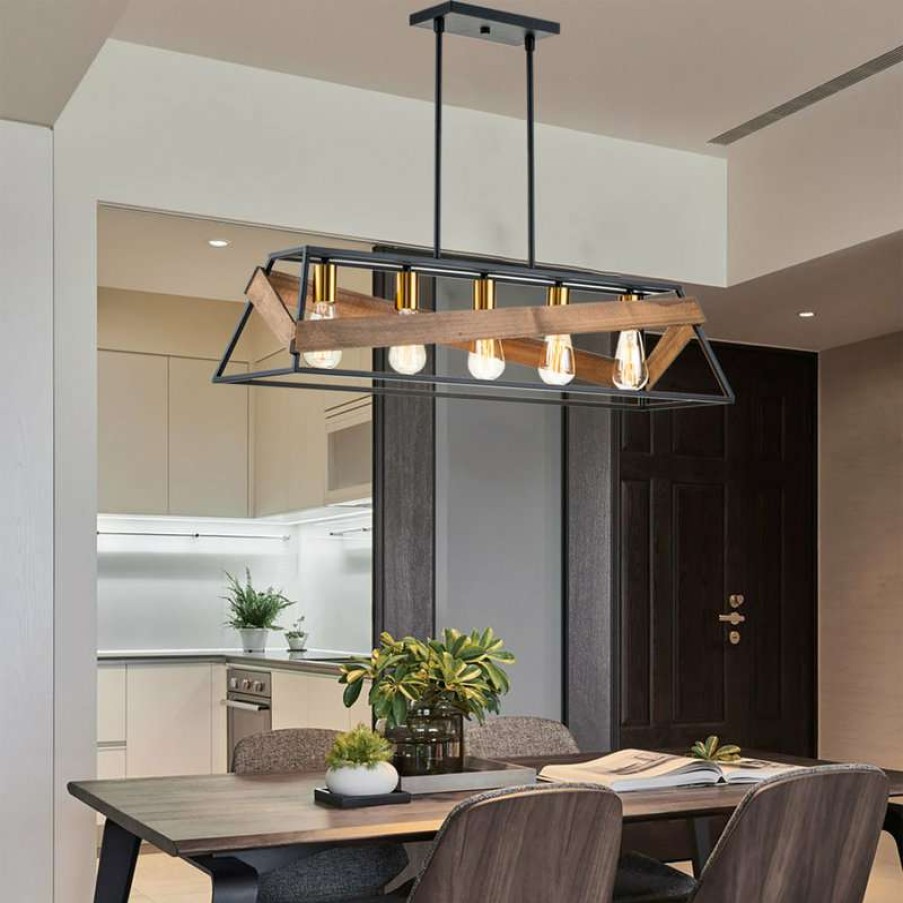 Kitchen & Cabinet Lighting * | Top 10 Edvivi Lighting 5-Light Black And Vintage Wood Kitchen Island Chandelier