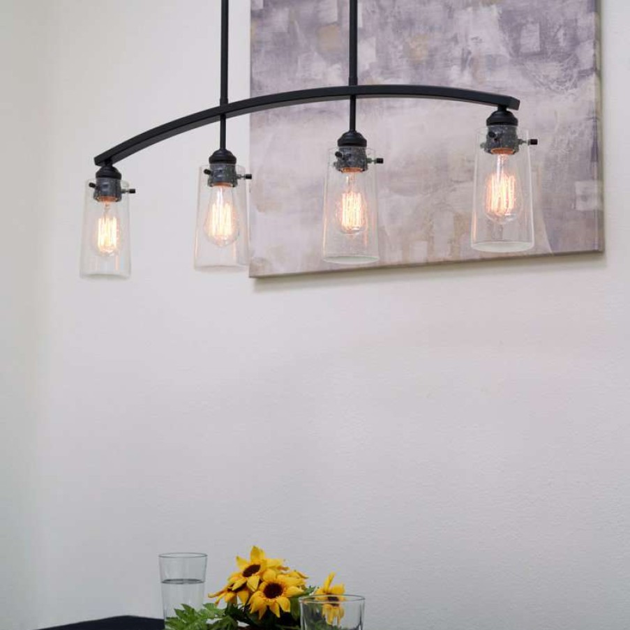 Kitchen & Cabinet Lighting * | Promo Kira Home Rayne 33 Farmhouse Arched Island Light, Seeded Glass Shades, Black